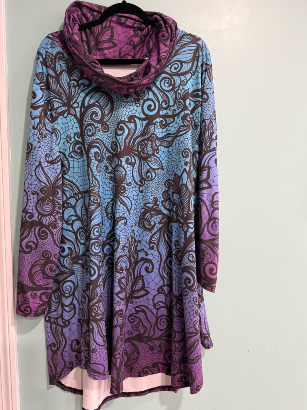 Cowl Neck Tunic Top/Dress with Beautiful Purple & Blue Design